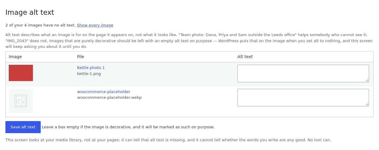 The Image alt text screen in WordPress: a table of images with no alt text, each with a thumbnail, its file name, and a text box to fill in, and one Save button for all of them.