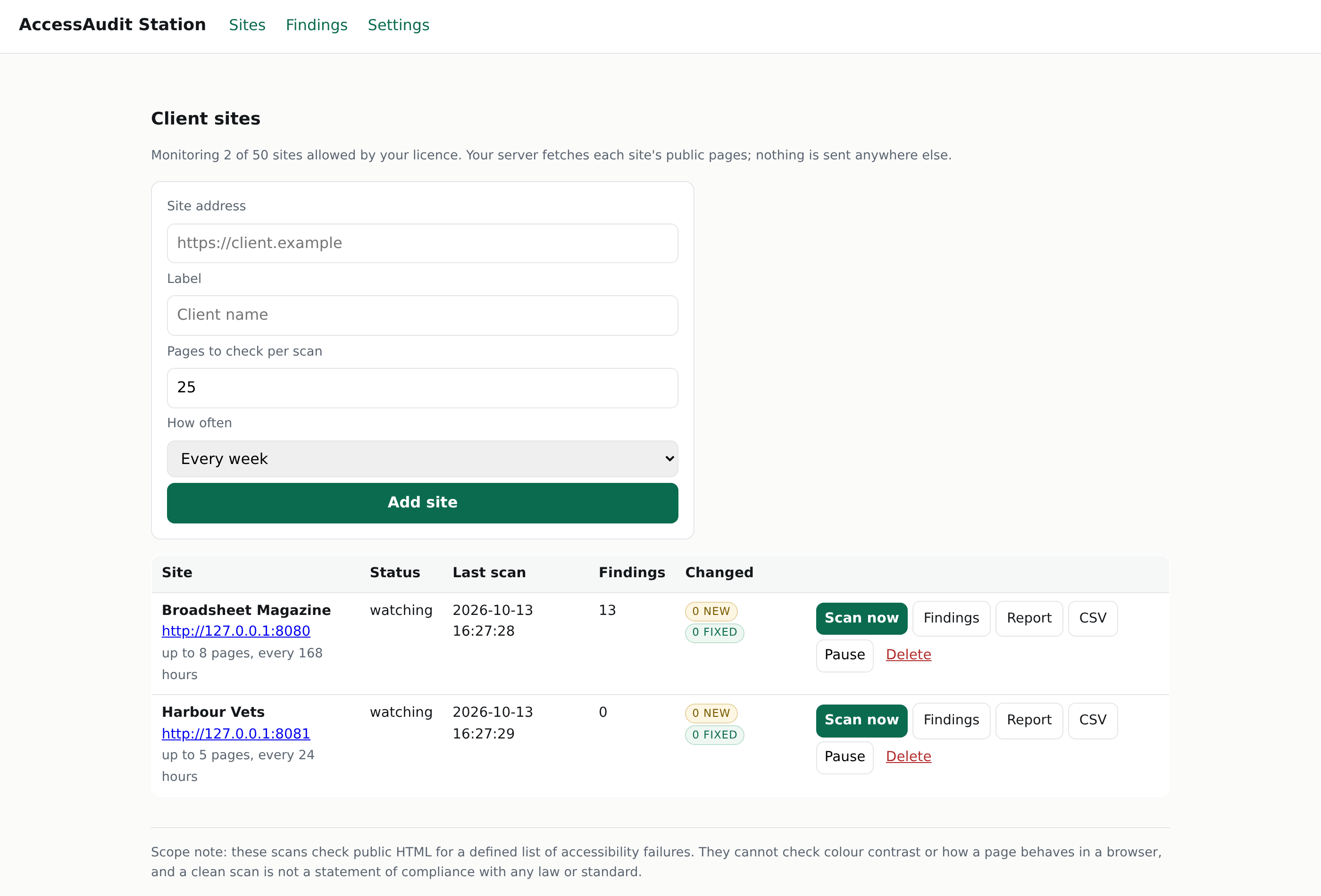 The Station's sites screen: a form to add a site, then a table of two monitored sites with their last scan, findings count, and what changed. Each row has buttons for Scan now, Findings, Report, CSV, Pause and Delete.
